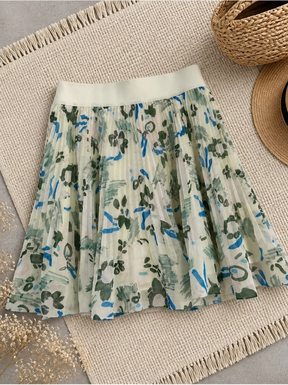 Wilfred Ivory Pleated Skater Skirt with Blue & Green Brushprint
